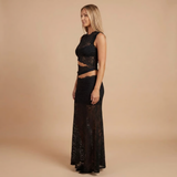 Two-Piece Lace Maxi Skirt Set with High-Neck Crop Top