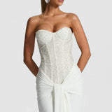 Women's Formal Maxi Dress with Strapless Sweetheart Neckline and Embellished Bodice for Evening Wear