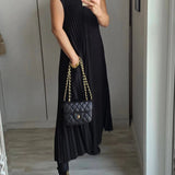 Pleated Maxi Dress with Crew Neck and Cap Sleeves