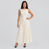 Ribbed Knit Pleated Maxi Dress with Crew Neck