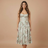 Corset Floral Midi Dress with Square Neck