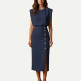 Sleeveless Midi Dress with Button Detail and Front Slit