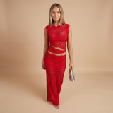 Two-Piece Lace Maxi Skirt Set with High-Neck Crop Top