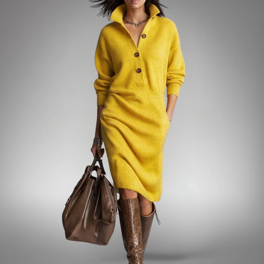 Oversized Knit Polo Midi Dress with High Neck