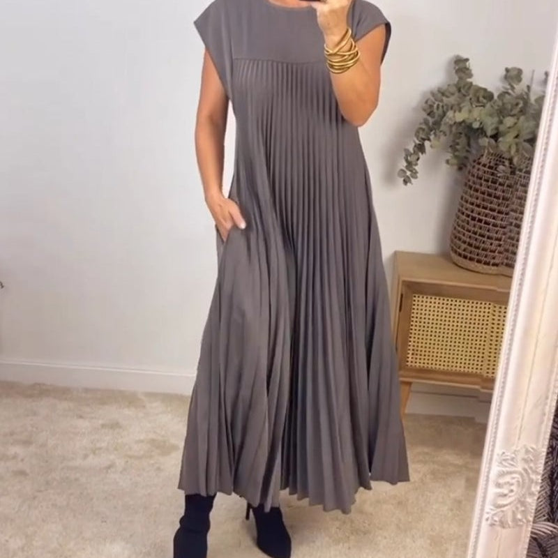 Pleated Maxi Dress with Crew Neck and Cap Sleeves