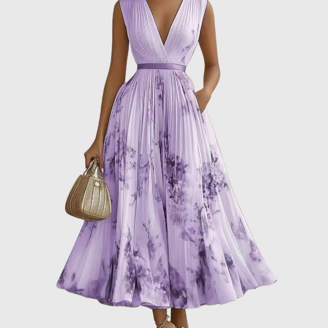 Isabelle | Elegant Pleated V-Neck Midi Dress Women Summer Flowy