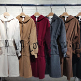 Hooded Long Coat with Knit Sleeves and Patch Pockets