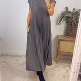 Pleated Maxi Dress with Crew Neck and Cap Sleeves