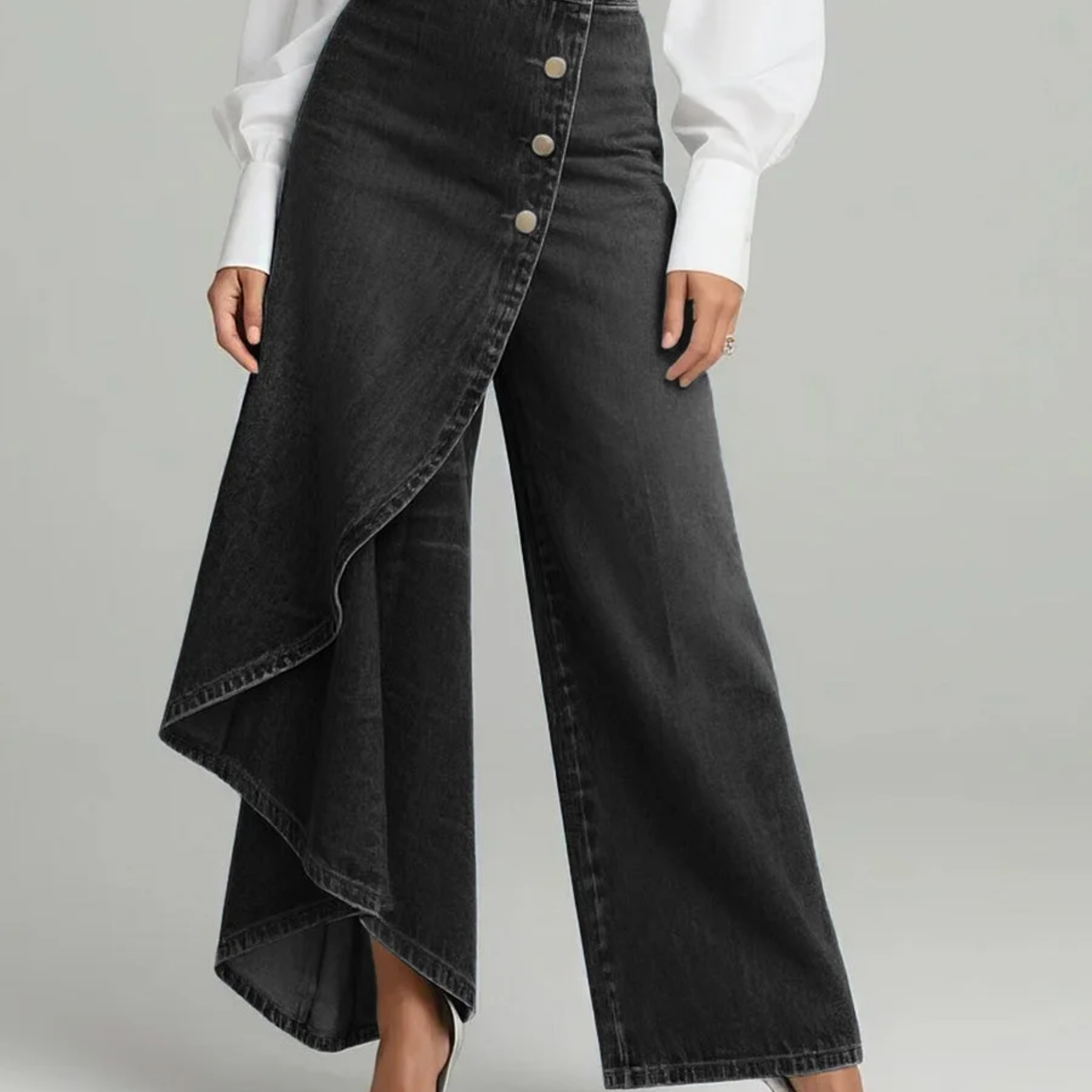 Wrap Wide-Leg Denim Pants with High Waist and Button Front