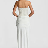 Women's Formal Maxi Dress with Strapless Sweetheart Neckline and Embellished Bodice for Evening Wear