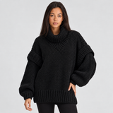 Oversized Chunky Knit Turtleneck Sweater with Balloon Sleeves