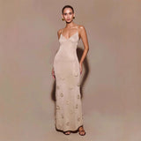 Floral Applique Maxi Dress Women Spaghetti Strap V-Neck Evening Gown