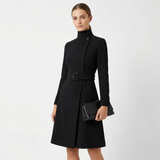 Tailored Belted Midi Coat Dress with High Neck
