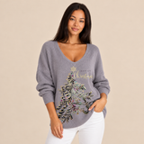Christmas Sweater for Women V Neck Knit Pullover with Christmas Tree Print and Long Sleeves for Holiday Season