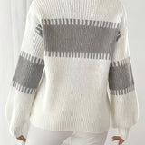 Two Tone Ribbed Knit Sweater with Balloon Sleeves and Ribbed Cuff