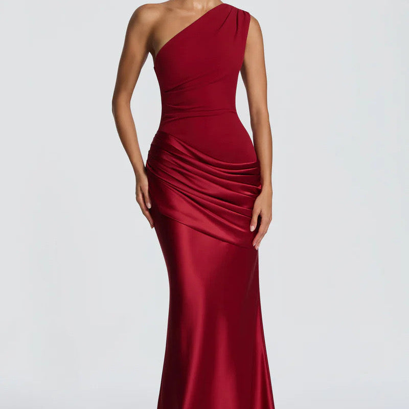 Off-Shoulder Satin Mermaid Maxi Dress with Draped Skirt
