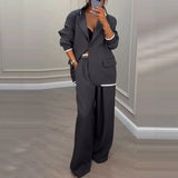 Women's Suit Set with Single Button Blazer and Wide Leg Pants