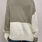 Color Block Ribbed Knit Sweater with Round Neck