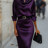 Satin Bodycon Midi Dress with Point Collar and Belt