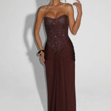 Women's Formal Maxi Dress with Strapless Sweetheart Neckline and Embellished Bodice for Evening Wear