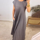 Pleated Maxi Dress with Crew Neck and Cap Sleeves
