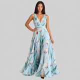 Floral Print A-Line Maxi Dress with V-Neck and Tie Waist