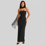 Strapless Maxi Dress with Ruched Waist and Neck Scarf