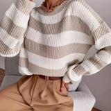 Oversized Chunky Knit Striped Sweater with Round Neck