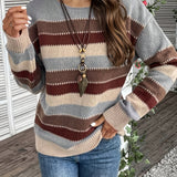 Striped Knit Sweater with Round Neck and Ribbed Cuff