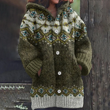 Oversized Hooded Fair Isle Cardigan with Button Front