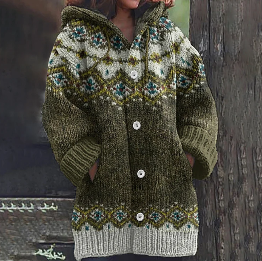 Oversized Hooded Fair Isle Cardigan with Button Front