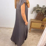 Pleated Maxi Dress with Crew Neck and Cap Sleeves