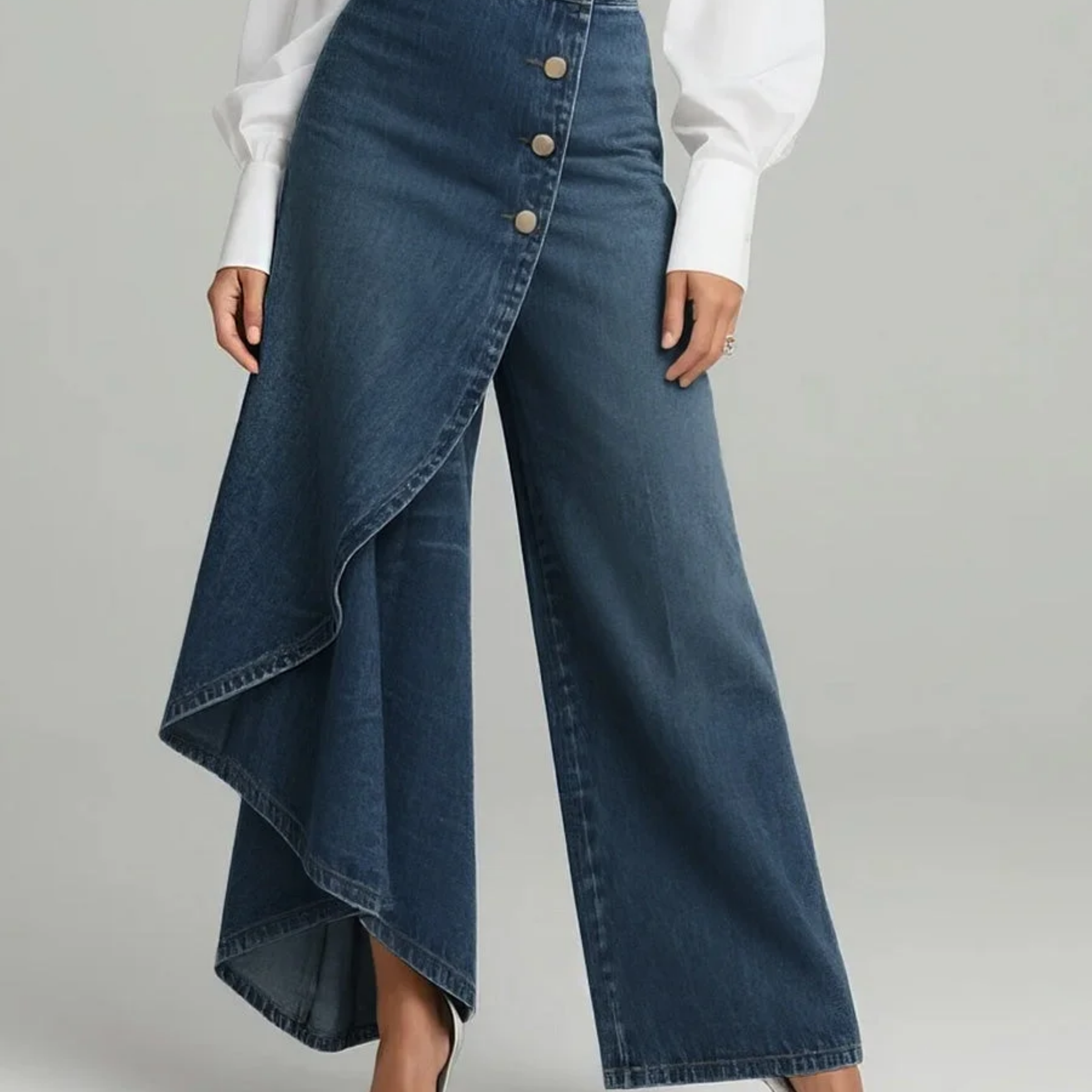 Wrap Wide-Leg Denim Pants with High Waist and Button Front