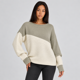 Color Block Ribbed Knit Sweater with Round Neck