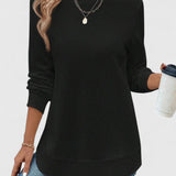Women's Long Sleeve Top with Round Neck and Layered Curved Hem for Everyday Wear