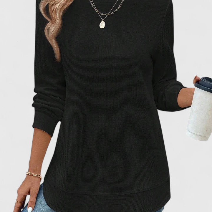 Women's Long Sleeve Top with Round Neck and Layered Curved Hem for Everyday Wear
