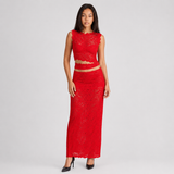 Two-Piece Lace Maxi Skirt Set with High-Neck Crop Top