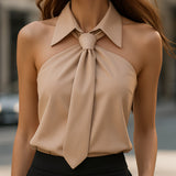 Collared Blouse with Halter Neck and Tie Front