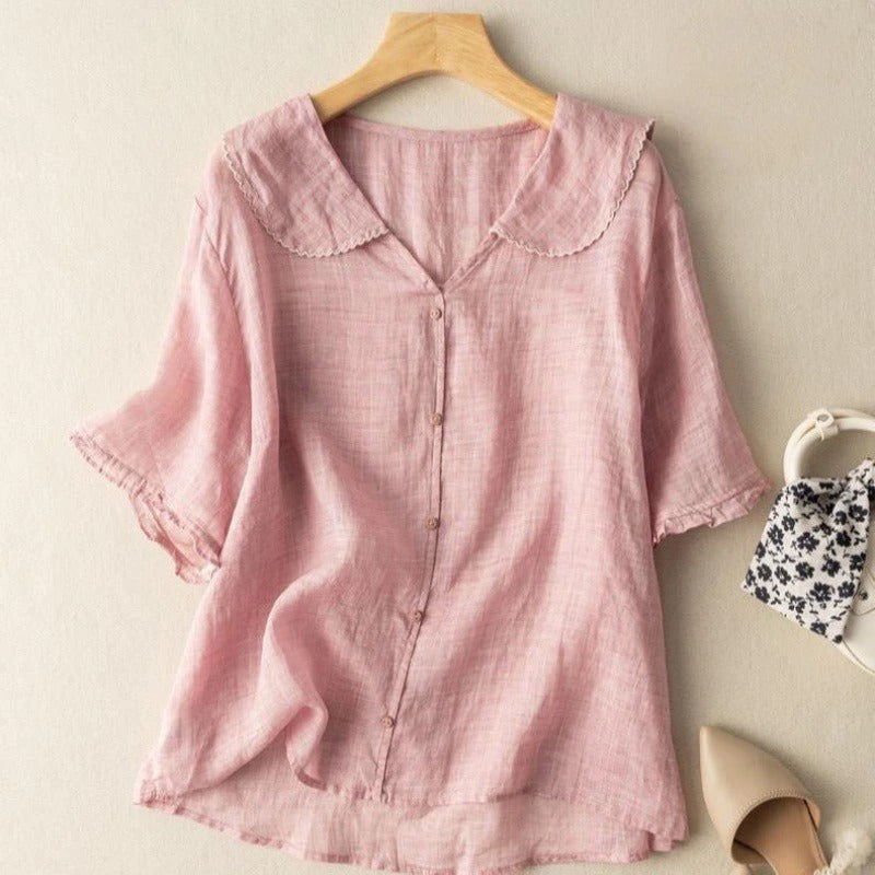 Monica | Linen Button Blouse Women Soft Collar Top