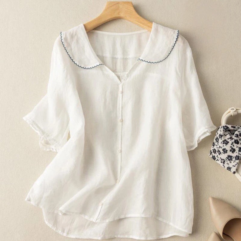 Monica | Linen Button Blouse Women Soft Collar Top