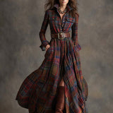 Belted Plaid Maxi Shirt Dress with Collar and Button Front