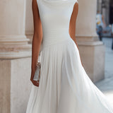 Cowl Neck Pleated Midi Dress with Flared Skirt