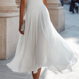 Cowl Neck Pleated Midi Dress with Flared Skirt