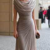 Sheath Maxi Dress with Cowl Neck and Ruched Waist