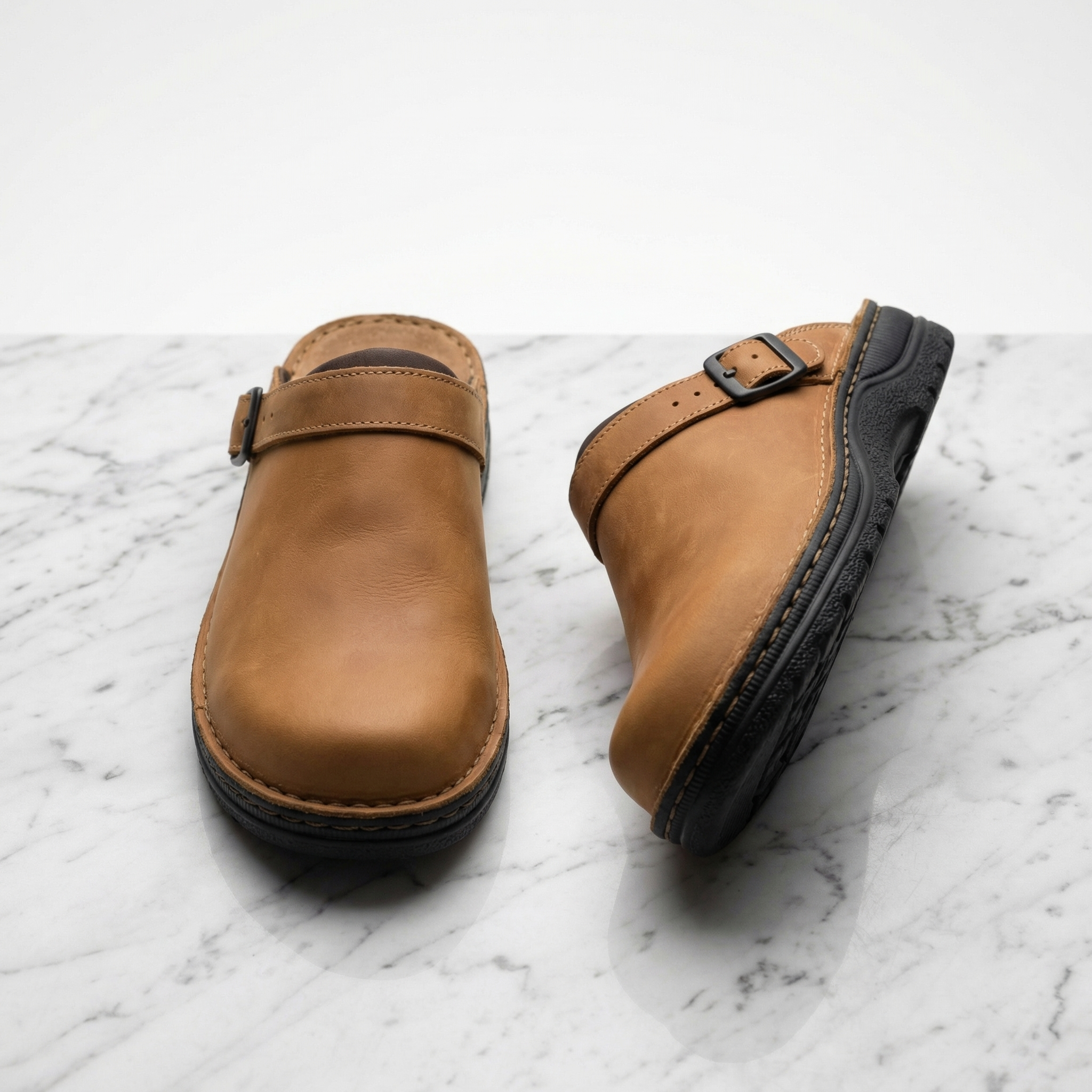 Leather Clogs with Buckle Strap