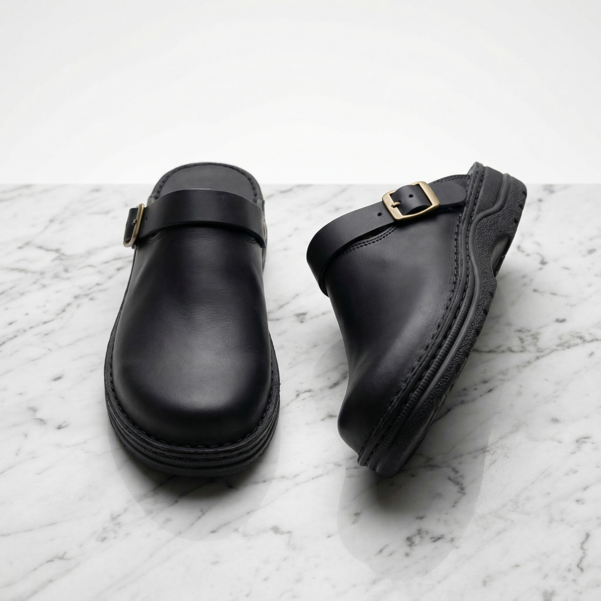 Leather Clogs with Buckle Strap