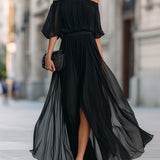 Pleated Off-Shoulder Maxi Dress with Thigh Slit and Puff Sleeves