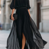 Pleated Off-Shoulder Maxi Dress with Thigh Slit and Puff Sleeves