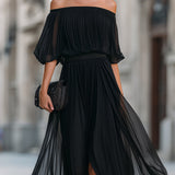 Pleated Off-Shoulder Maxi Dress with Thigh Slit and Puff Sleeves