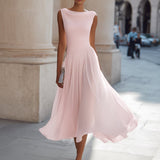 Cowl Neck Pleated Midi Dress with Flared Skirt